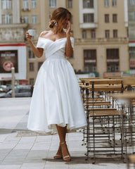Off the Shoulder Summer Bridal Gown Short White Satin Wedding Dress Knee Length SW10502