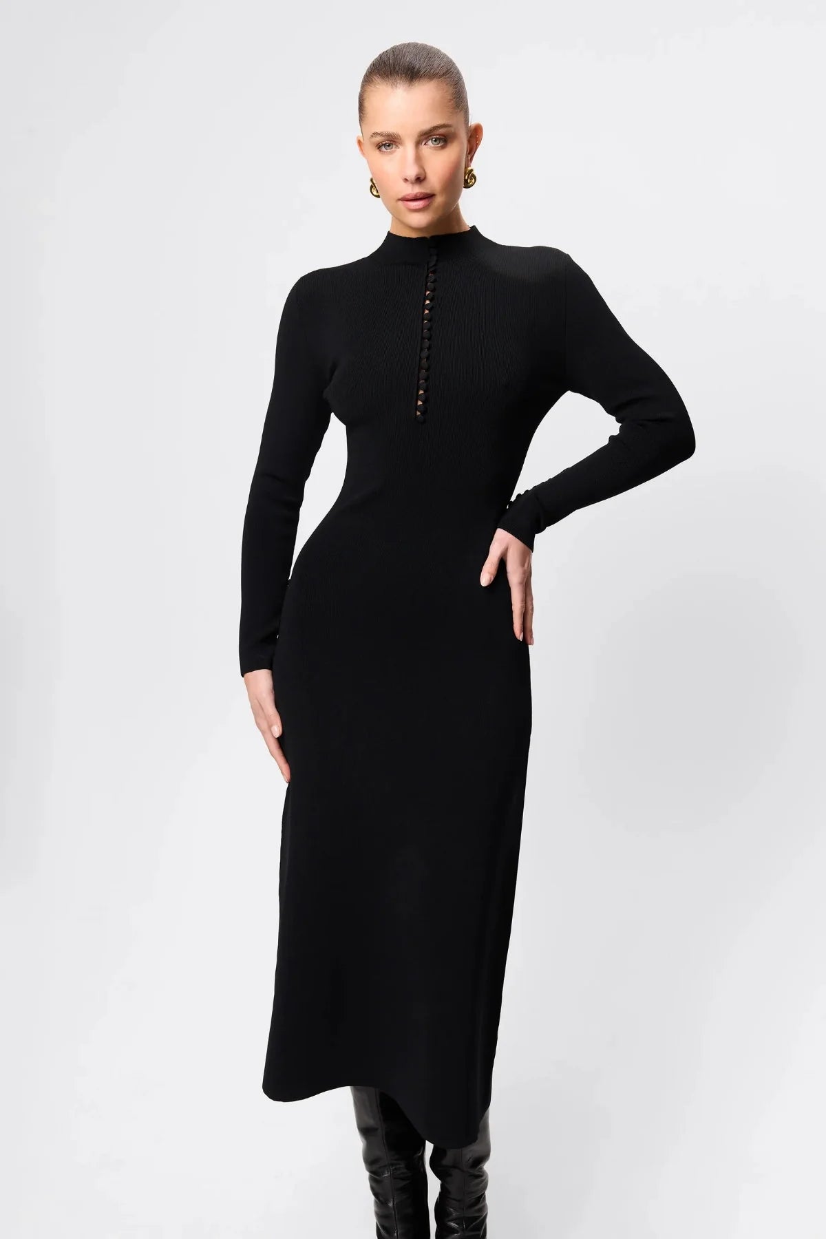 Windsor Midi Dress Black by Mossman - high neck midi dress with button detail and A line shape, designed for a refined modern silhouette.
