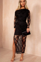 Lilith Black Lace One Shoulder Midi Dress