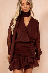 Petrina Chocolate Scarf Detail Spot Frill Dress