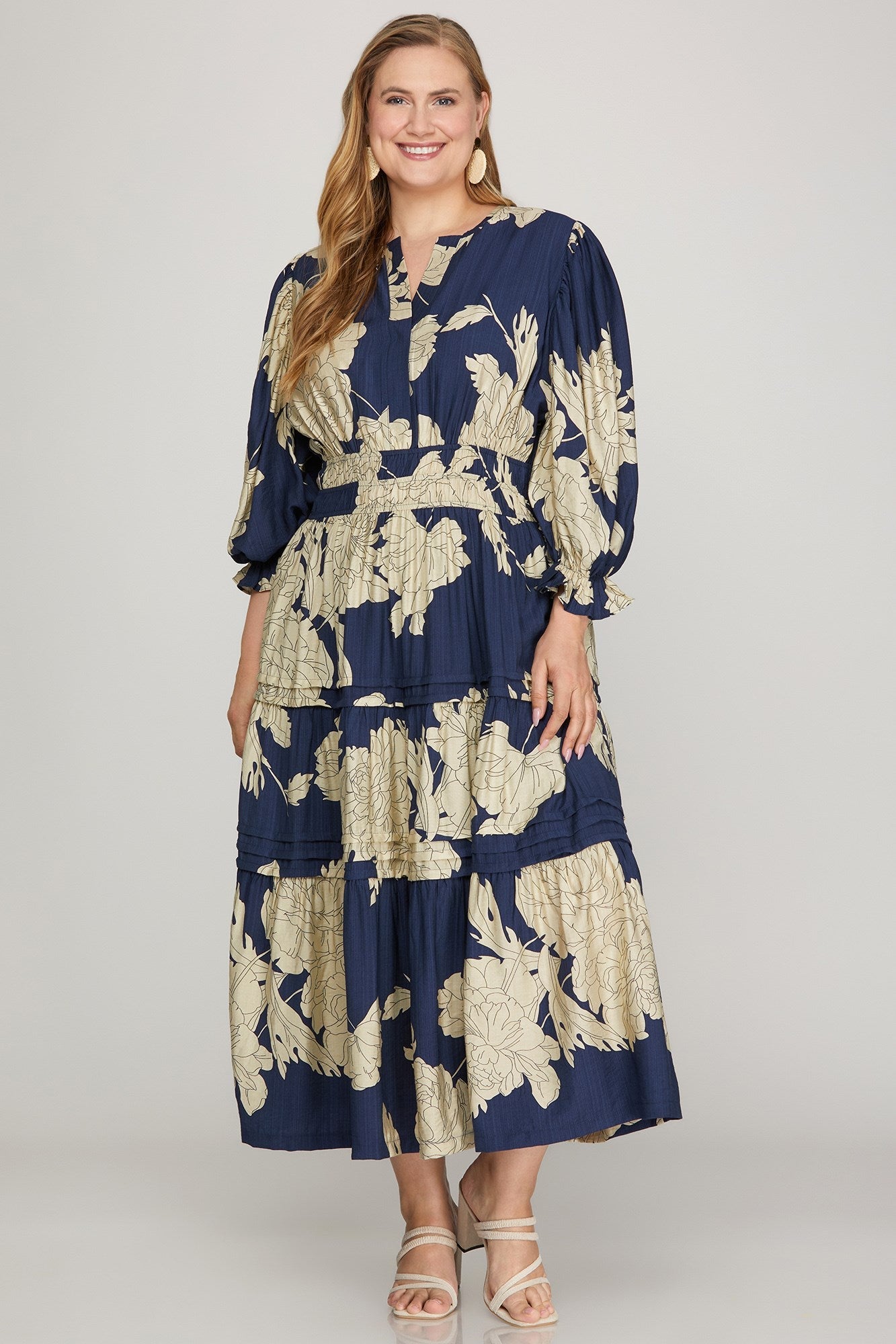 Plus Size Navy Floral Print Midi Dress for Curvy Women