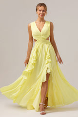 Lemon Yellow A Line V Neck Hollow Out Ruffle Pleated Long Bridesmaid Dress with Slit
