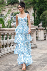 A Line Spaghetti Straps Corset Tiered Chiffon Long Floral Dress