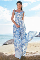A-Line Square Neck White Blue Flower Long Bridesmaid Dress with Slit
