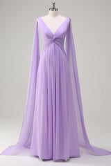 Elegant Lilac A-Line V Neck Chiffon Long Bridesmaid Dress with Flowing Cape Sleeves