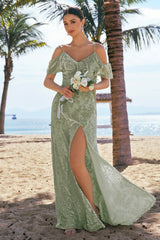 Dusty Sage Burnout Velvet A-Line Jacquard Cold Shoulder Maxi Bridesmaid Dress with Slit