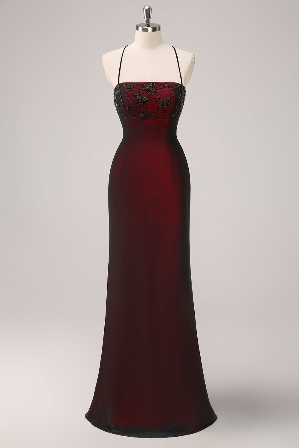 Black Red Mermaid Long Bridesmaid Dress with Beading Spaghetti Straps 90s Vintage Formal Dress with Criss Cross Back