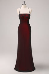 Black Red Mermaid Long Bridesmaid Dress with Beading Spaghetti Straps 90s Vintage Formal Dress with Criss Cross Back