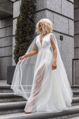 Flying Sleeve Soft Tulle Double Side Slit Open Back Maxi Dress