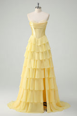 Yellow A-Line Appliques Tiered Prom Dress Sweetheart Formal Dress with Slit