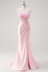 Pink Mermaid Spaghetti Straps Sheer Corset Floral Long Prom Dress with Slit