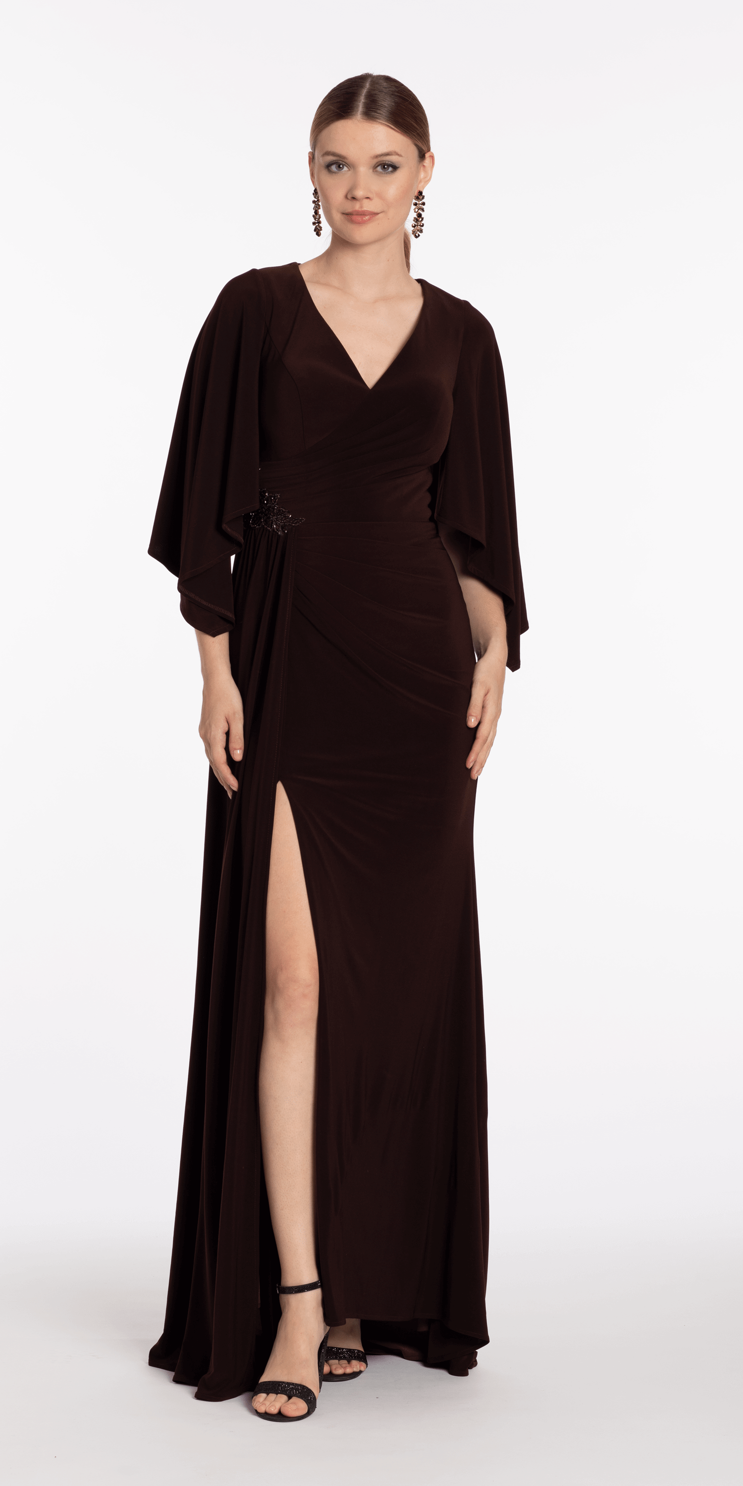 chocolate/size/8/missy/Camille La Vie/Jersey Cape Sleeve V Neck Faux Wrap Dress/front