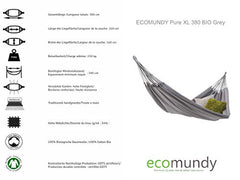 ECOMUNDY Pure XL 380 Grigio - Amaca da giardino doppio - 2 persone - cotone Organico - GOTS - 160x260x380cm