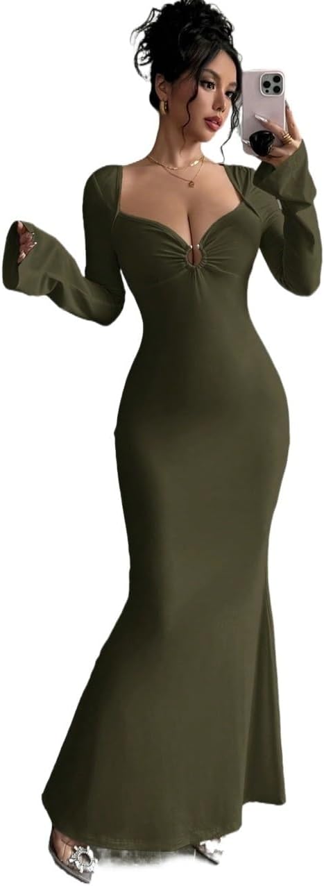 Women's Maxi Dresses Solid Color Collar Long Sleeve Casual Slim Fit Dress