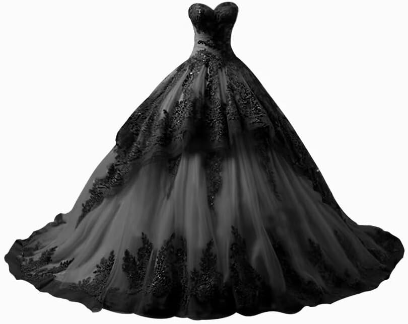 TRHTX Vintage Strapless Wedding Dresses for Bride with Black Appliques Puffy Layered Tulle Bridal Gown