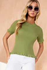 Jemima Green Ribbed Knit Lace Detail Top