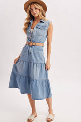 Bluivy Denim Sleeveless Shirt Tiered Midi Dress in light wash