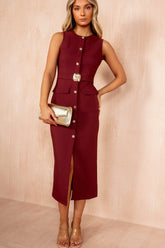Emery Burgundy Button Detail Midi Dress