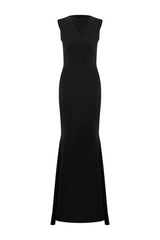 Black Sudi Etuz jersey backless maxi dress displayed with flowing fabric and a sleek, elegant backless design.