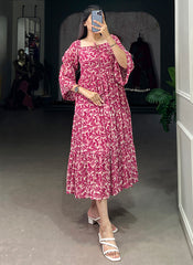 Dark Pink Leaf Printed Georgette Party Wear Dress