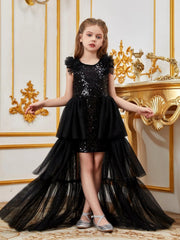Tween Girls' Sleeveless Mesh Layered Hem Sequin Party Dress