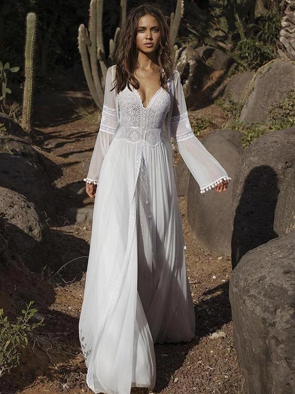 beach backless two piece maxi dress boho v-neck chiffon long wedding dress dtw380