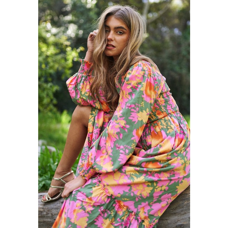 Chloe Smocked Bodice Long Balloon Sleeve Maxi Dress - The Feral Market