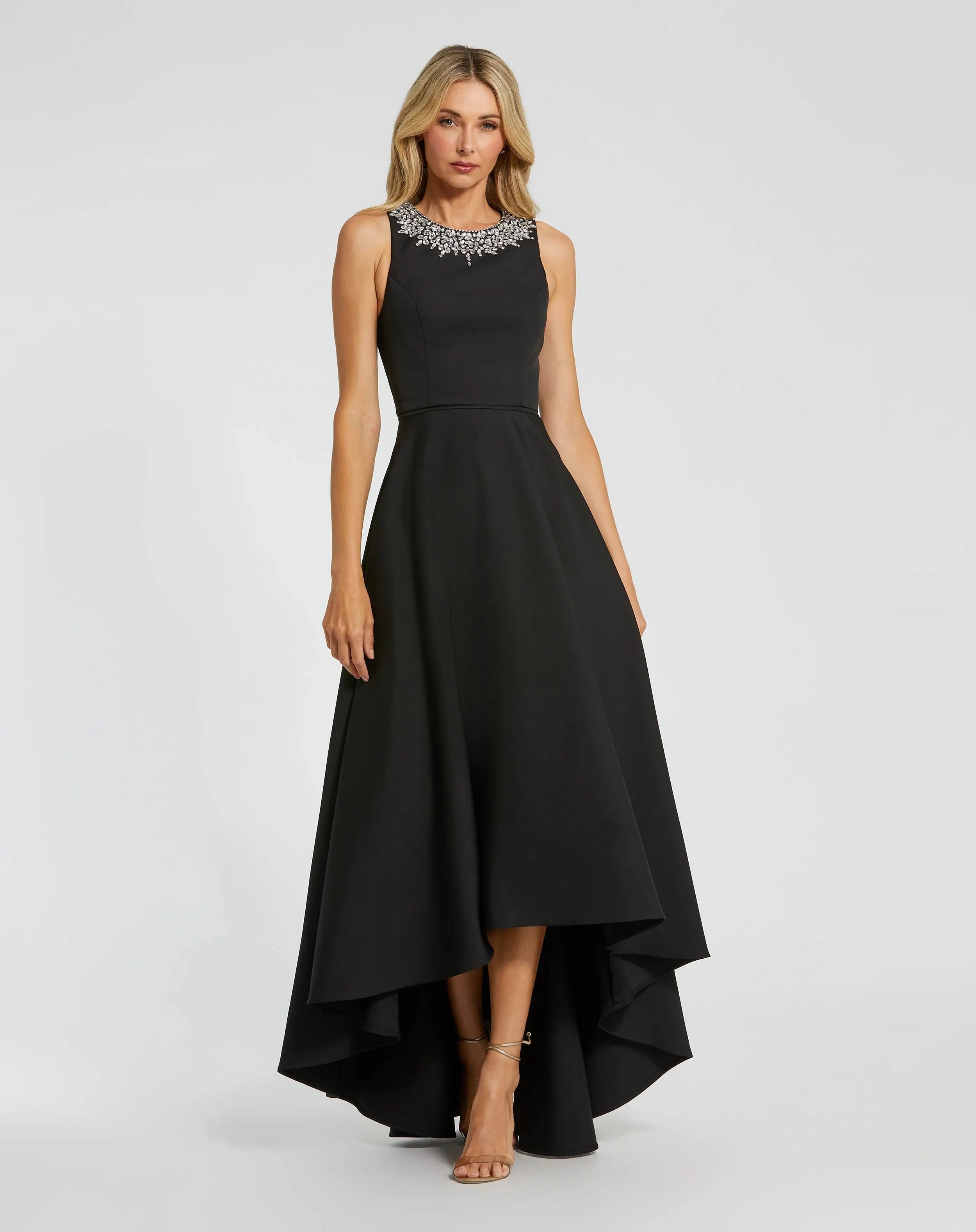Black Crepe Embellished Neck High Low Gown - Ieena for Mac Duggal