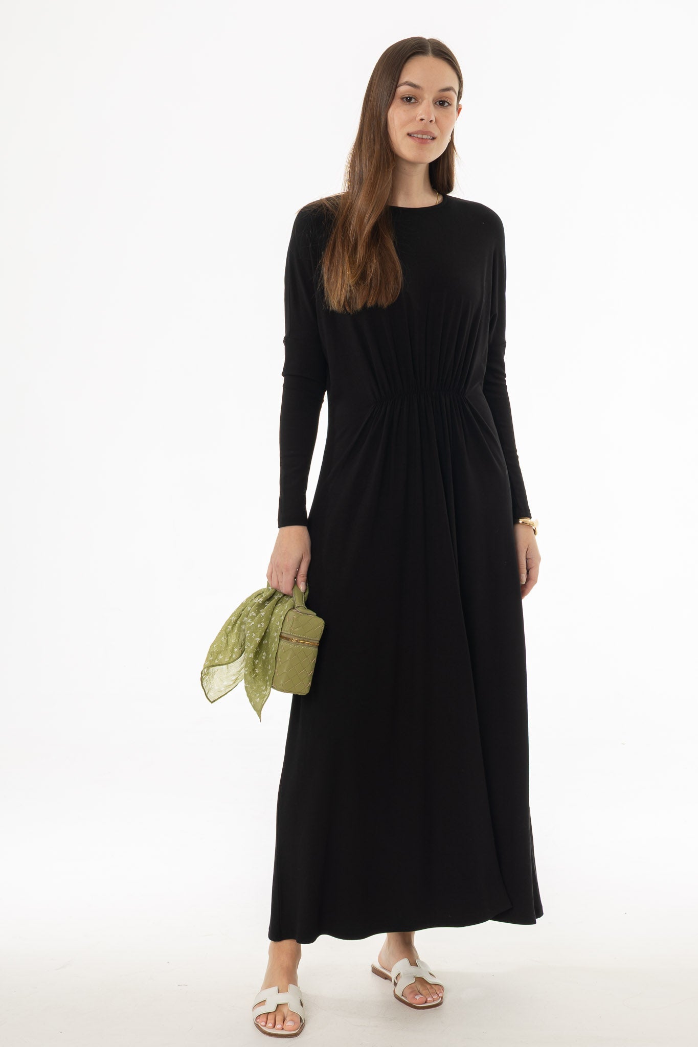Black Gathered Waist Maxi Dress