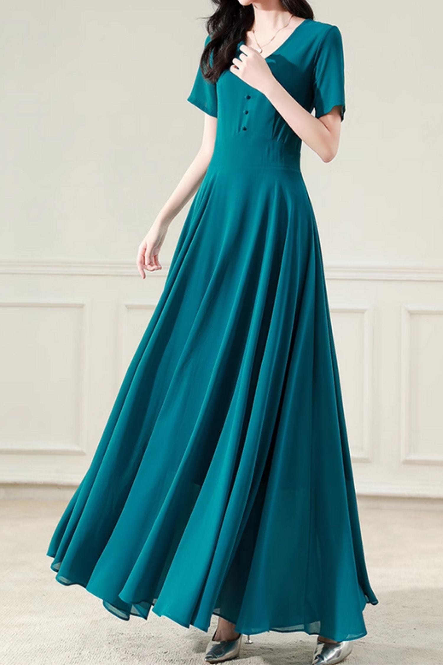 Teal Chiffon Maxi Dress - A-Line Flowy Summer Silhouette 5102