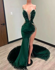 Hunter Green Velvet Prom Dresses African aso ebi Mermiad Evening Dress With Cape Slit Spaghetti Sparkly Beaded fg2901