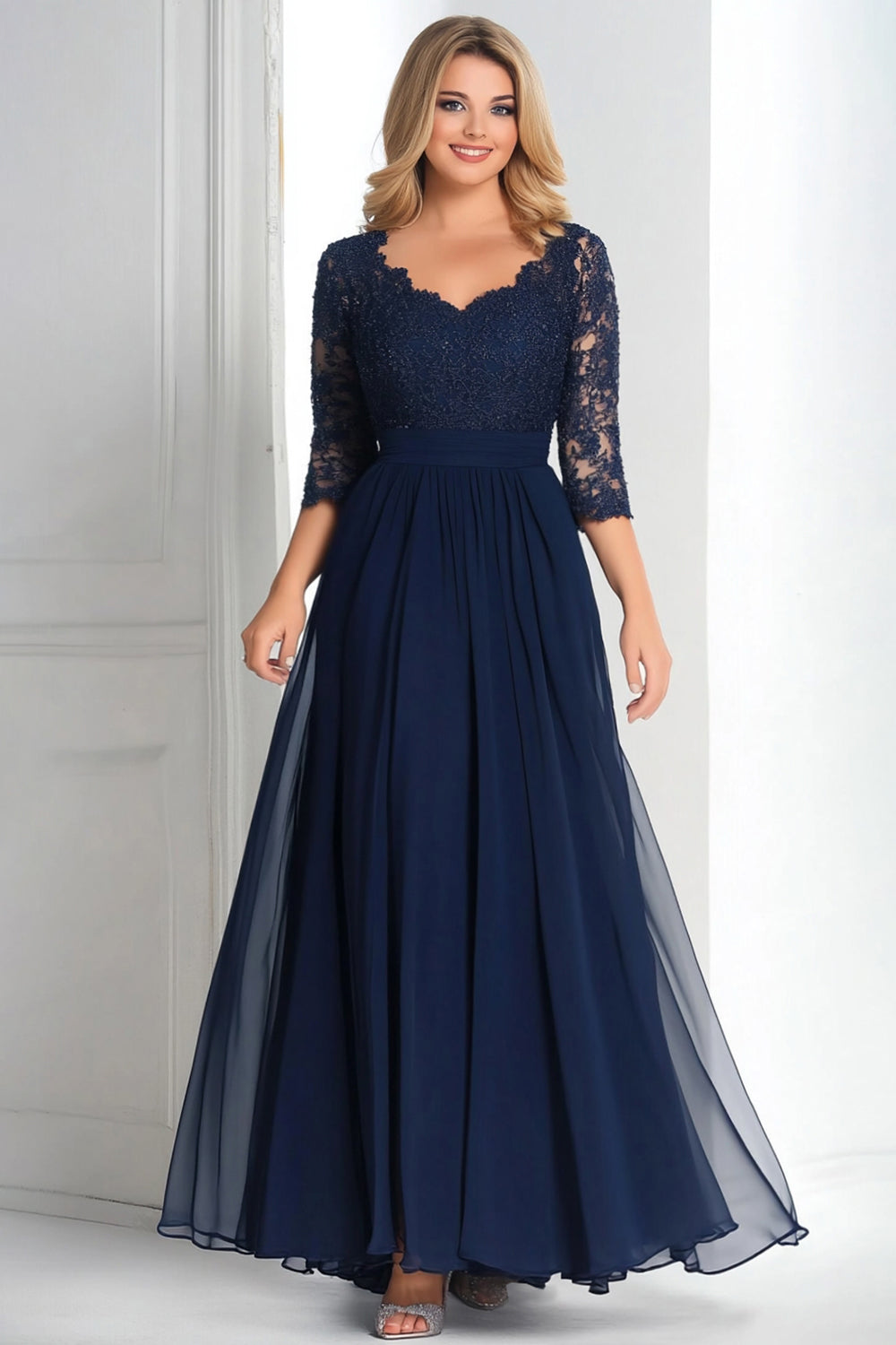 Elegant Navy A-Line Chiffon Mother Of the Bride Dress with 3/4 Sleeves
