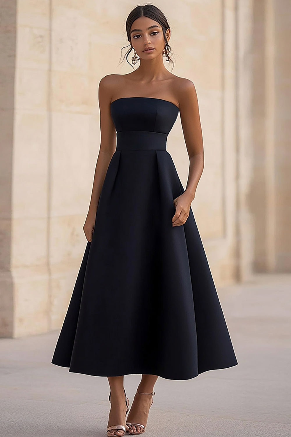 Black Strapless Simple A Line Midi Graduation Dress