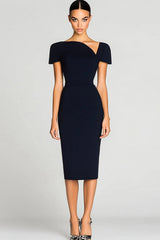 Black Off the Shoulder Bodycon Satin Knee-Length Work Dress