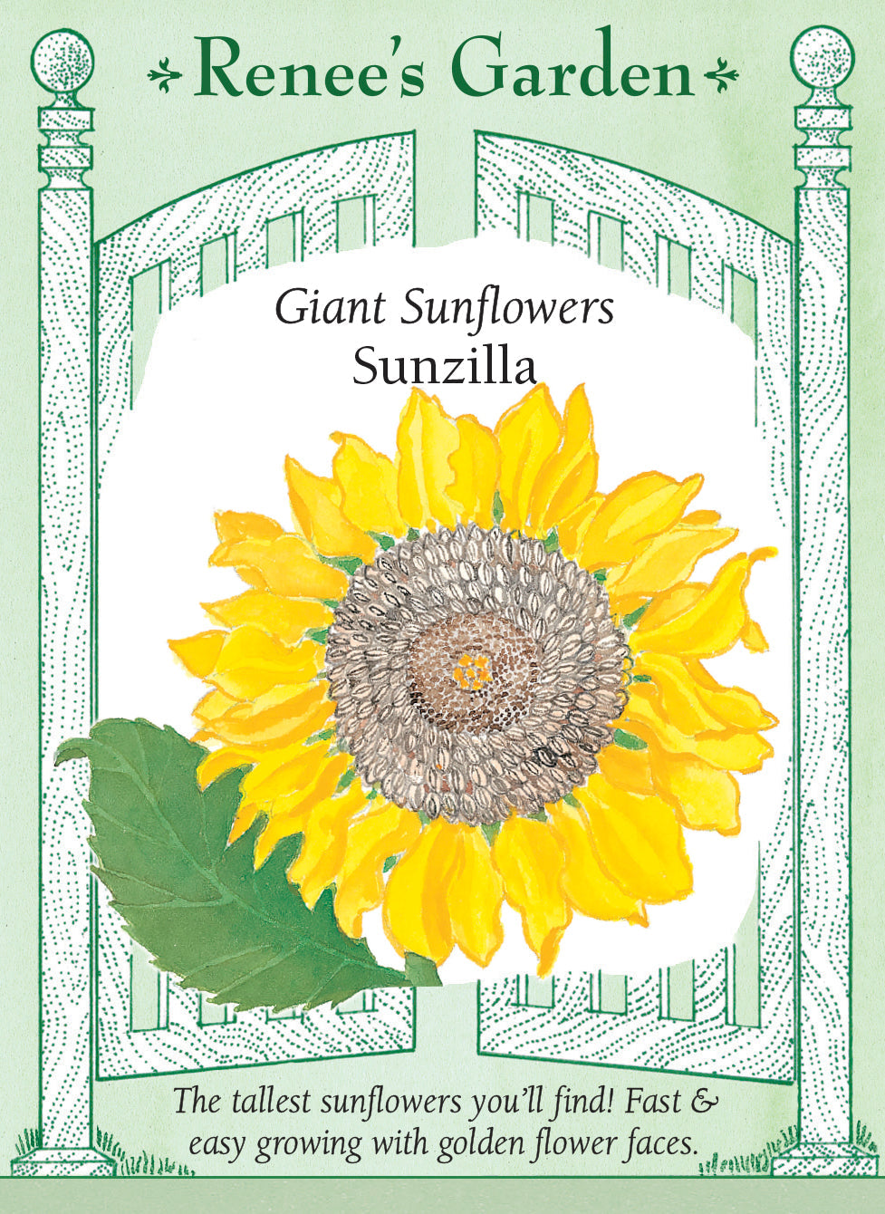 Seed packet for 'Sunzilla' sunflowers with a green border and sunflower illustration. The tallest sunflowers you'll find! Fast and easy growing with golden flower faces.