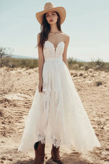 Lace Ivory A Line Strapless Maxi Boho Western Wedding Dress