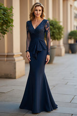Navy Long Sleeve Ruched Mermaid Mother Of The Bride Dress With Appliques