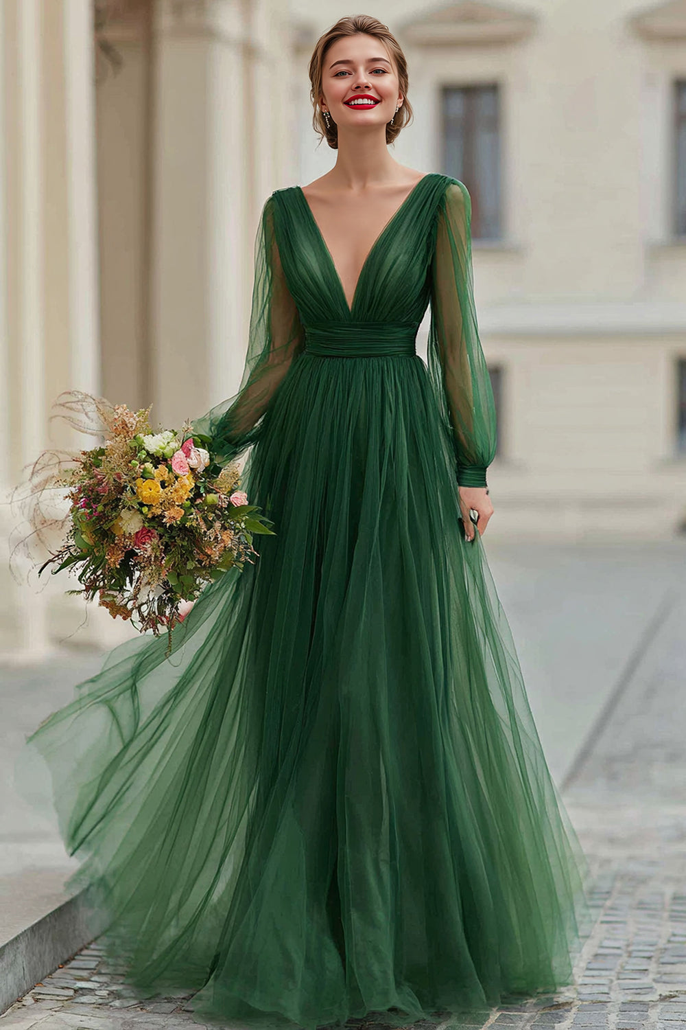 Dark Green Tulle A Line Pleated Long Sleeves Bridesmaid Dress