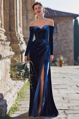 Navy Off the Shoulder Velvet Long Sleeves Mermaid Long Bridesmaid Dress with Slit