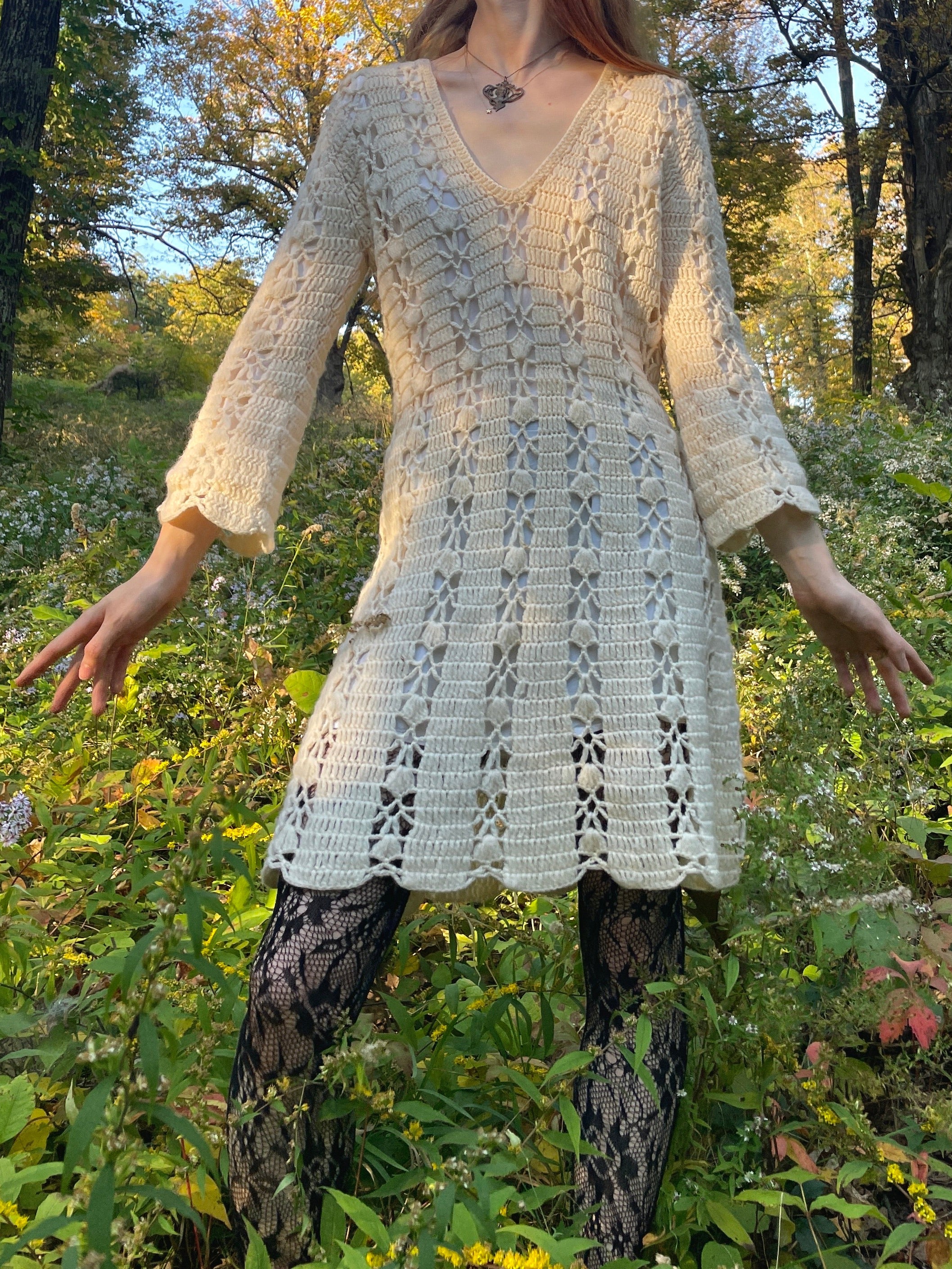 1960s Cream Crochet Long Sleeve Mini Dress