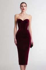 Burgundy Velvet Midi Corset Holiday Party Dress Bodycon Sweetheart Strapless Semi Formal Dress