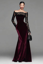 Queendancer Women Burgundy Velvet Long Sleeves Holiday Party Dress with Lace Mermaid Off the Shoulder Formal Dress