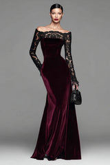 Burgundy Velvet Long Sleeves Formal Dress with Lace Off the Shoulder Mermaid Holiday Party Dress
