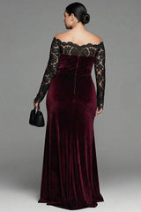 Burgundy Velvet Mermaid Long Sleeves Holiday Party Dress with Lace