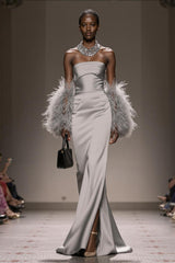 Silver Satin Long Formal Dress with Slit Mermaid Strapless Wedding Guest Dress