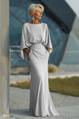 Silver Satin Long Mother of the Bride Dress with Sleeves Ruched Boat Neck Sheath Wedding Guest Dress with Pockets