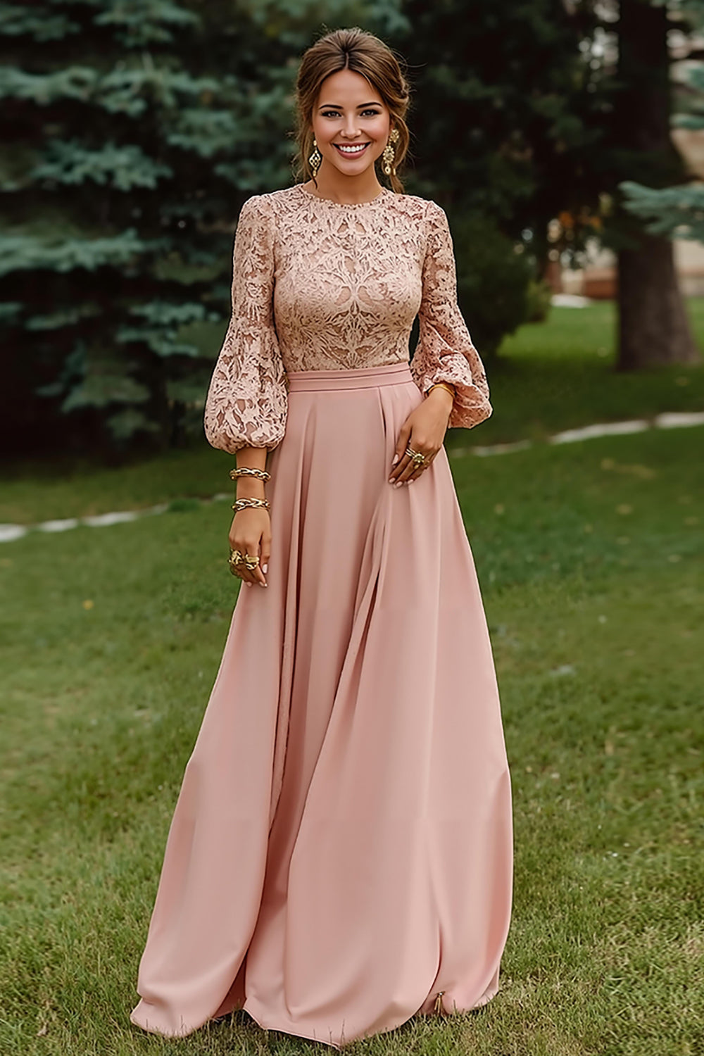 Dusty Rose A Line Ruched Long Sleeves Mother of the Bride Dress