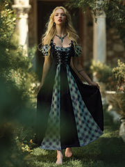 Gothic Cold Shoulder Puff Sleeves Plaid Print Lace Up Patchwork A Line Dress