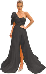 Long Tulle Prom Dresses with Slit One Shoulder Formal Party Dress for Women Beach