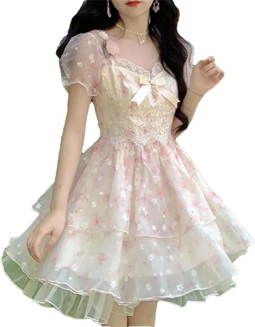 Generic Women's Floral Lace Mini Dress Korean Style Short Sleeve Prom Dress
